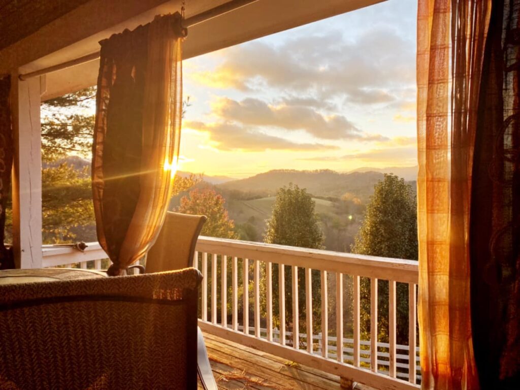 Summer kitchen with sunset and mountains