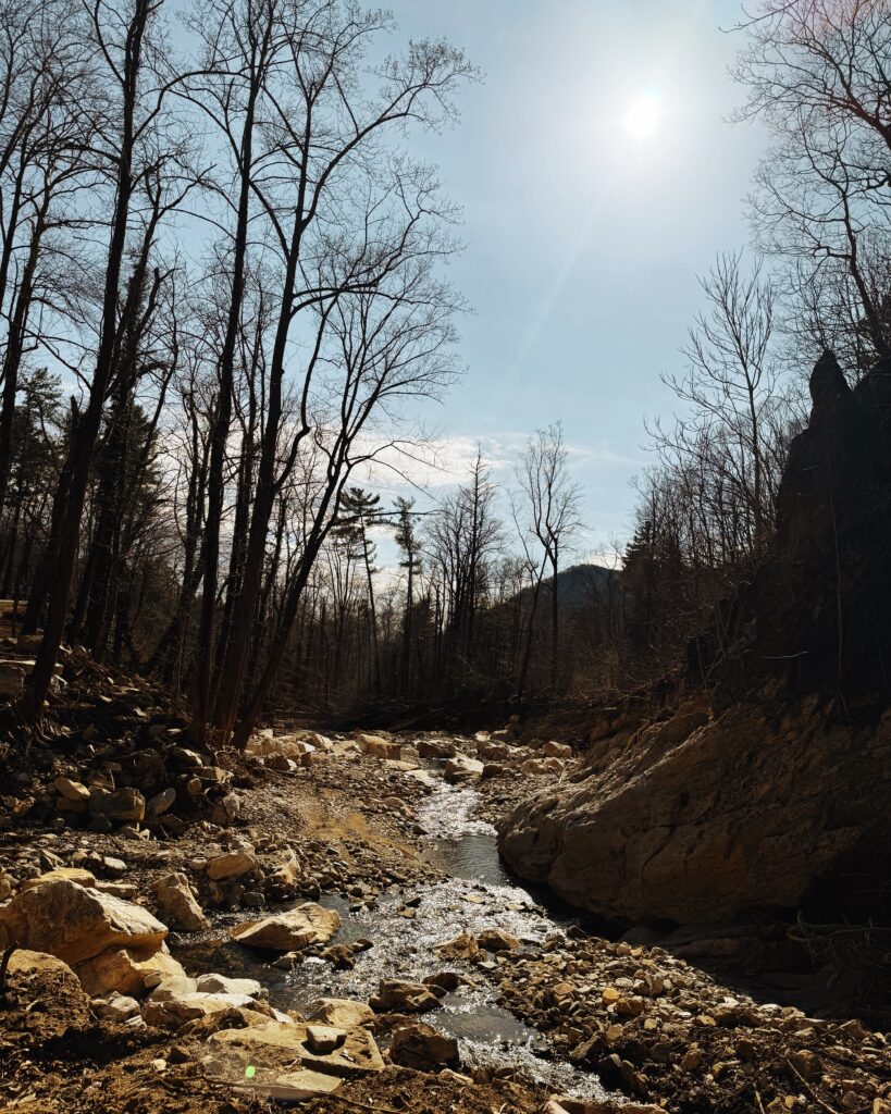 Water flowing near entrance to Linville Caverns, NC, hurricane Helene  damage