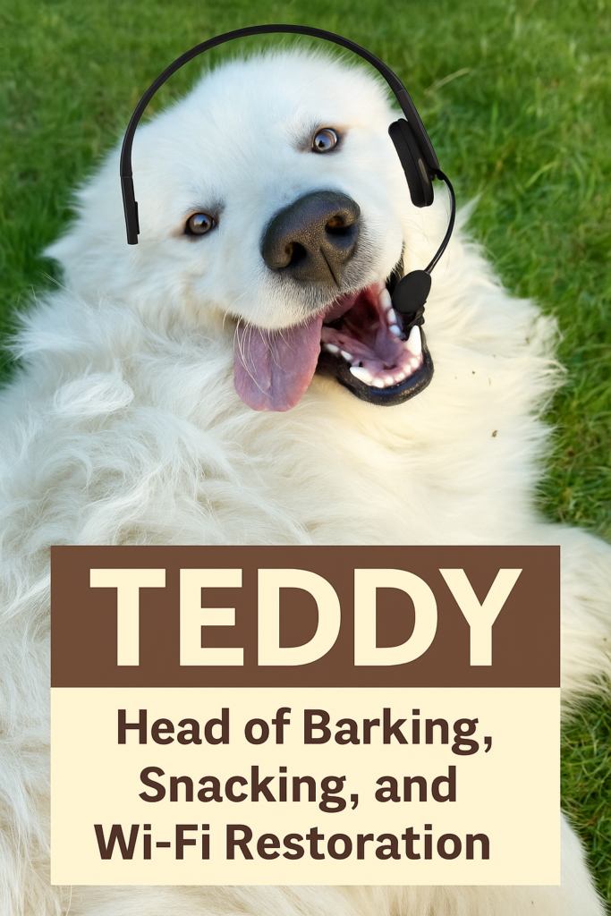 Teddy the farm dog smiling with a sign about farmstay WiFi