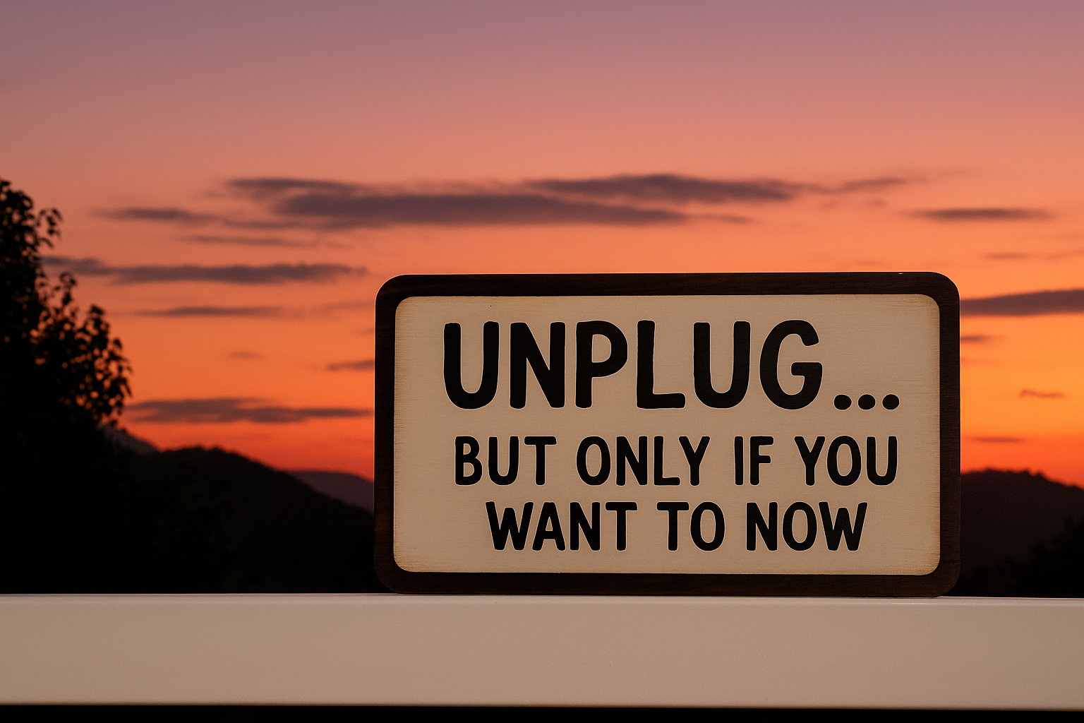 Rustic wooden sign on a white fence at sunset reading ‘UNPLUG… BUT ONLY IF YOU WANT TO NOW’ with trees and hills in the background.